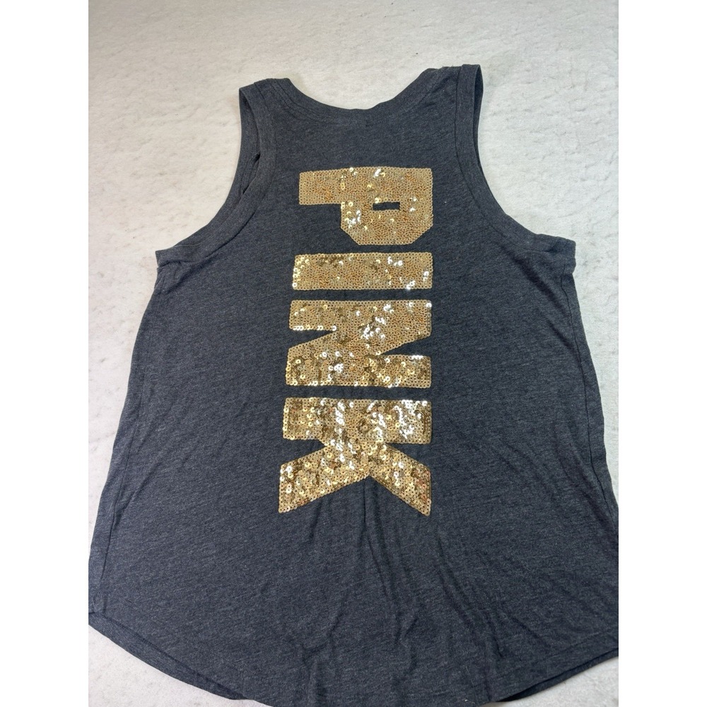 PINK Victoria's Secret Women's XS Heather Grey Tank Sequin Back Spell Out Logo